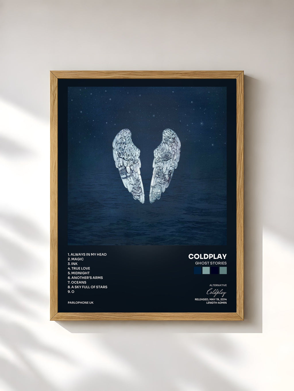 #bois Tableau de l'album Ghost Stories de Coldplay, cadre en bois brut, imprimé et encadré en France