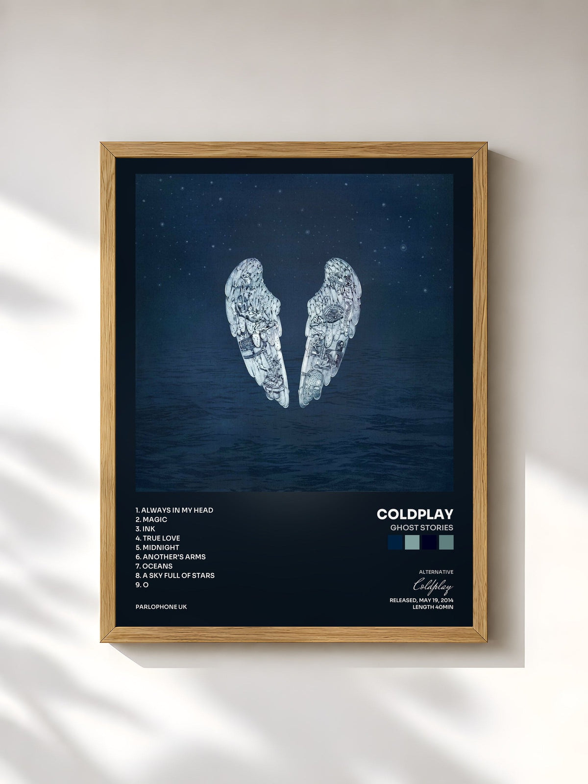 #bois Tableau de l'album Ghost Stories de Coldplay, cadre en bois brut, imprimé et encadré en France