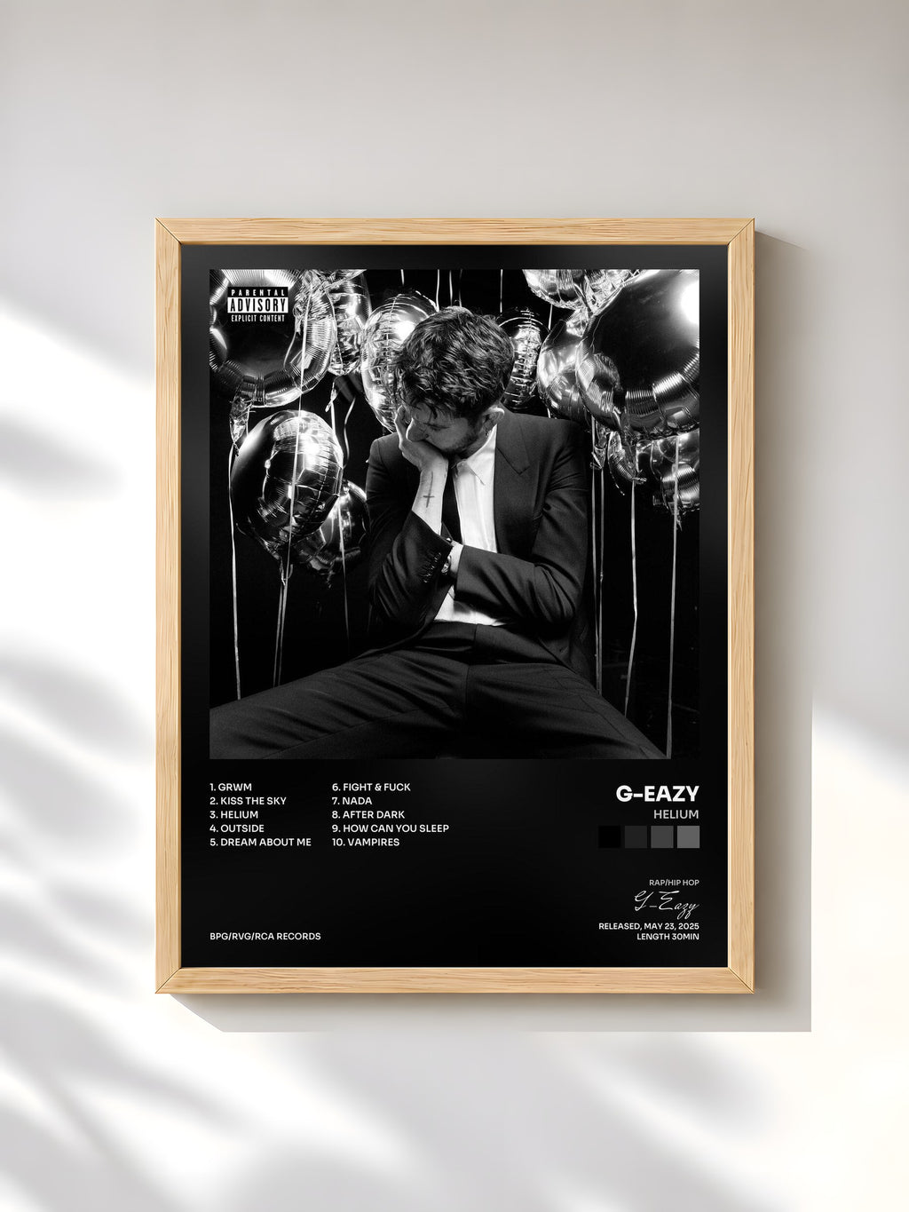#bois Tableau de l'album Helium de G-Eazy, cadre en bois brut, imprimé et encadré en France