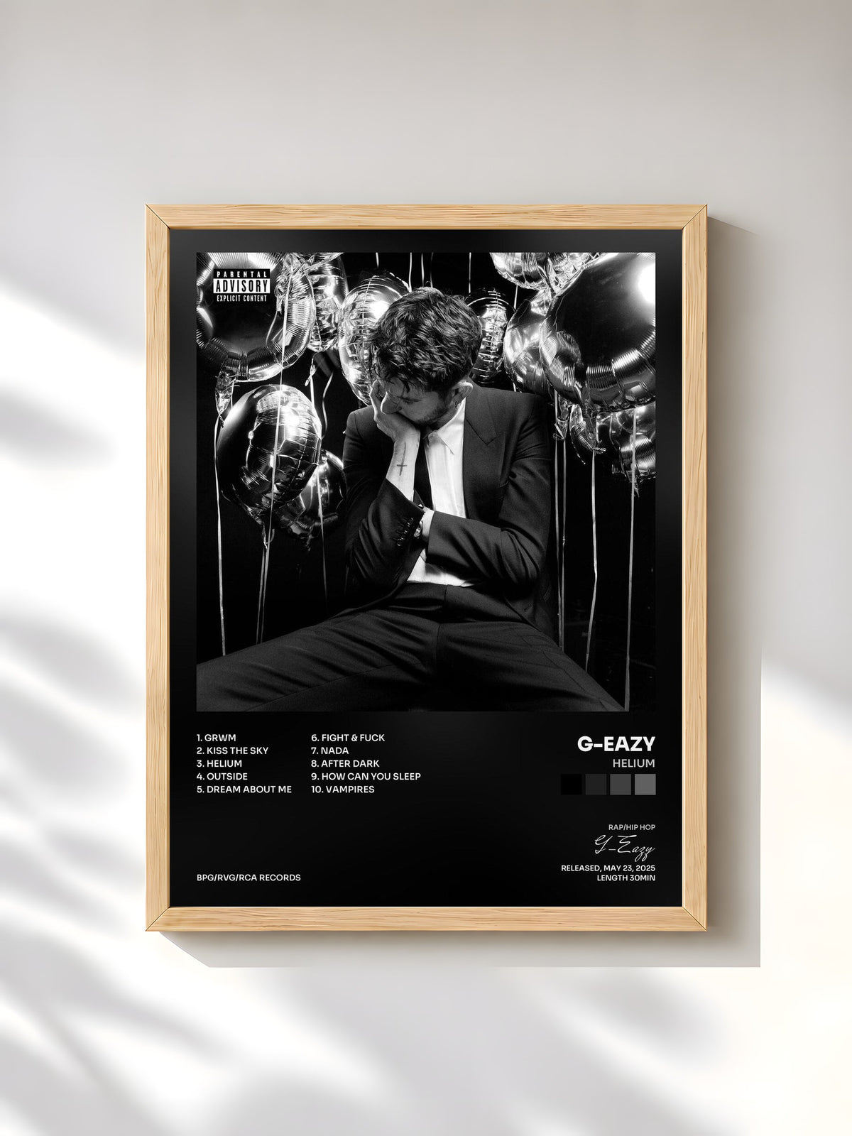 #bois Tableau de l'album Helium de G-Eazy, cadre en bois brut, imprimé et encadré en France
