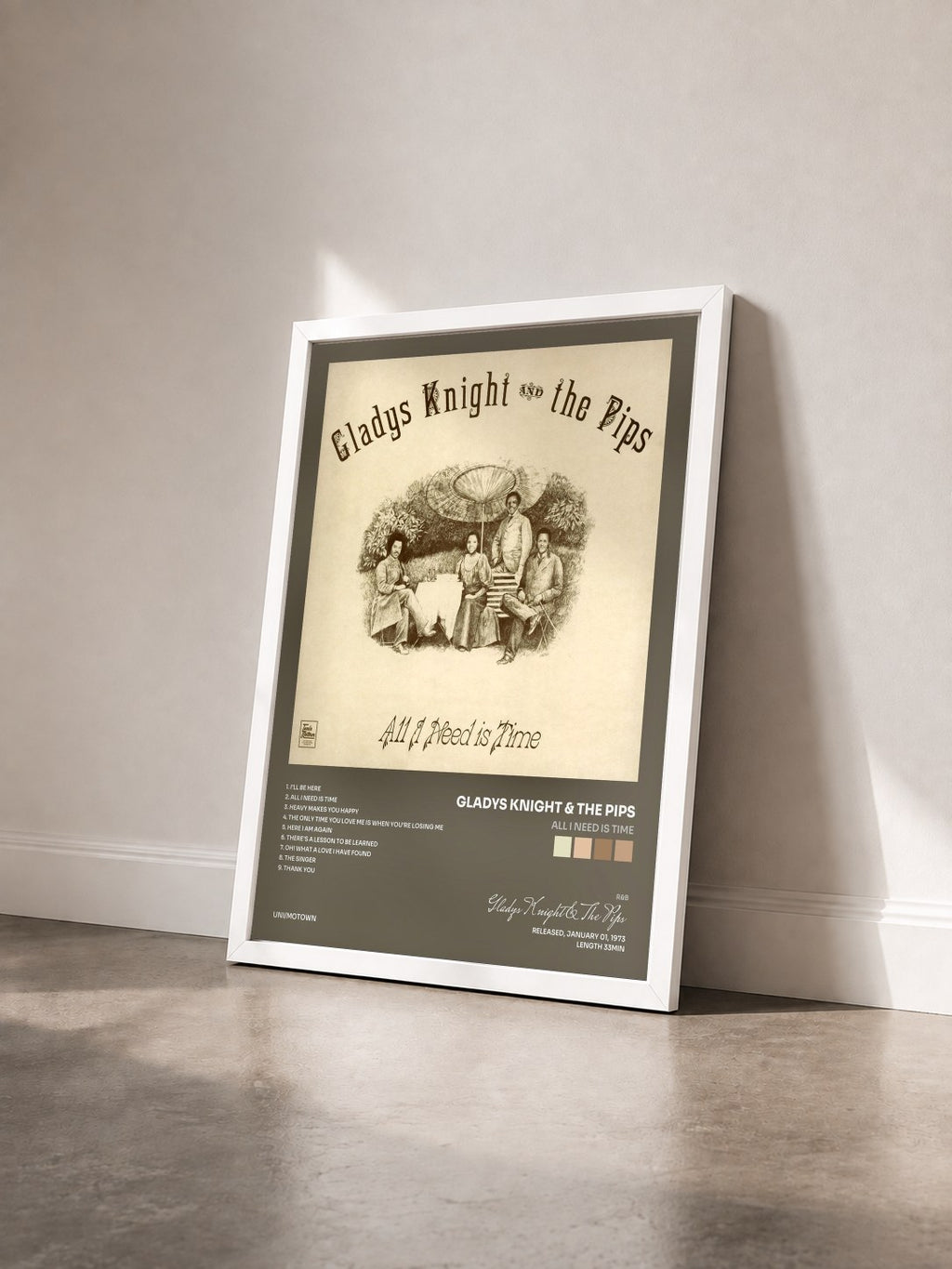 #blanc Tableau de l'album All I Need Is Time de Gladys Knight & The Pips vu de trois quarts, cadre blanc