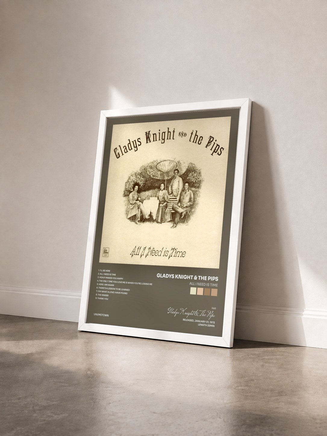 #blanc Tableau de l'album All I Need Is Time de Gladys Knight & The Pips vu de trois quarts, cadre blanc