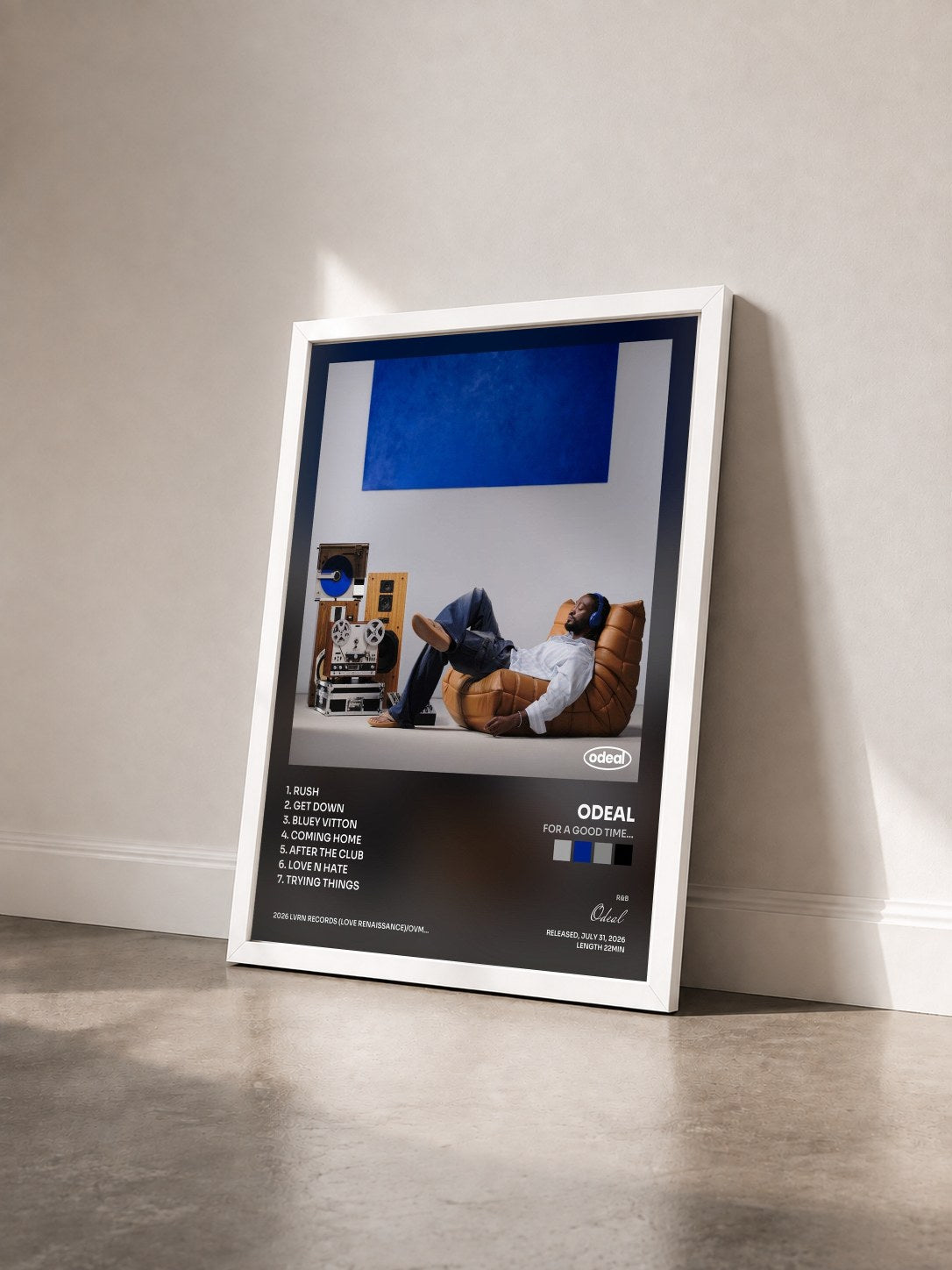 #blanc Tableau de l'album For A Good Time... de Odeal vu de trois quarts, cadre blanc