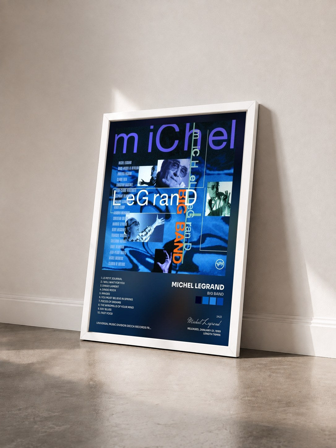 #blanc Tableau de l'album Big Band de Michel Legrand vu de trois quarts, cadre blanc