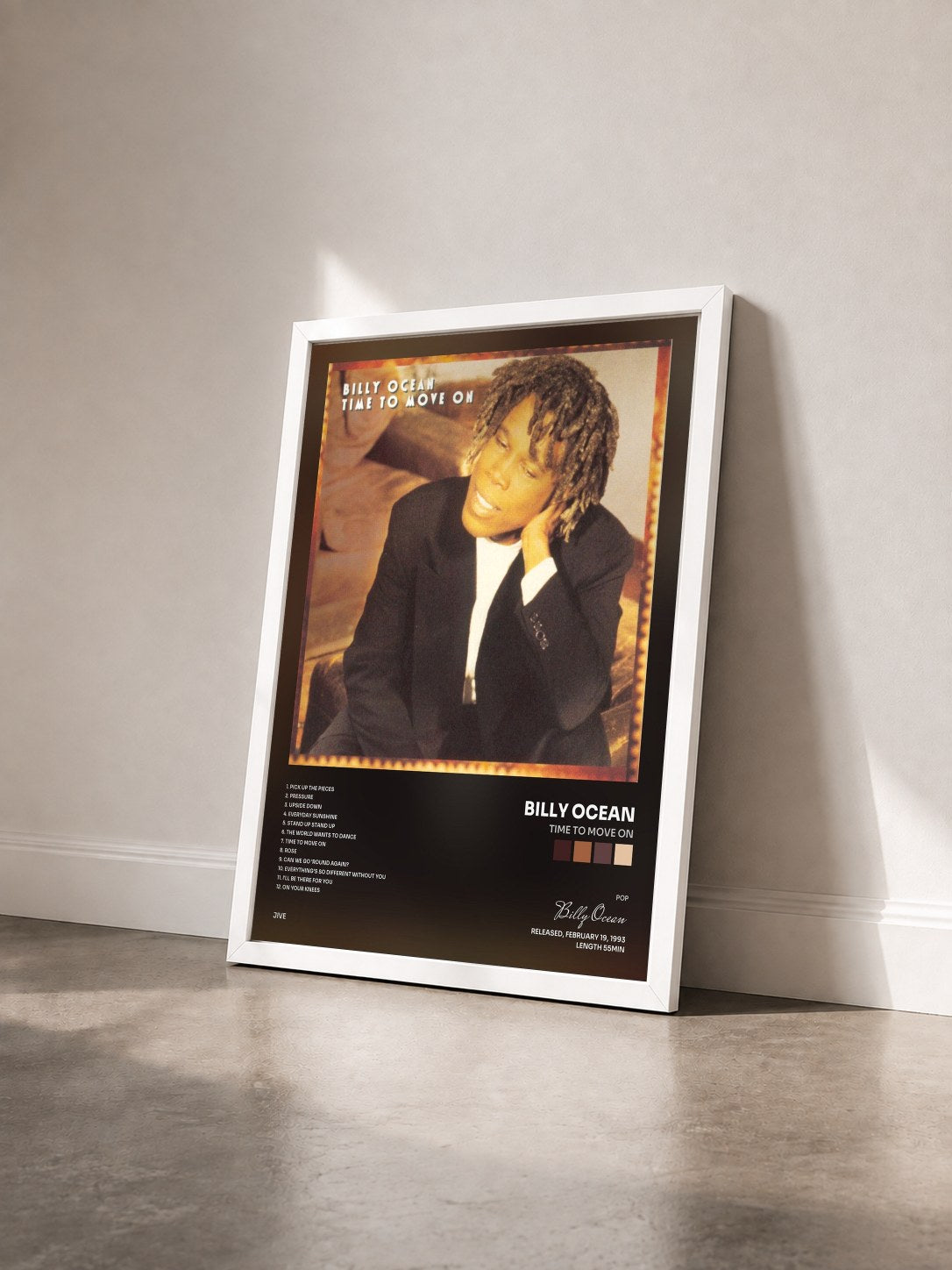#blanc Tableau de l'album Time to Move On de Billy Ocean vu de trois quarts, cadre blanc