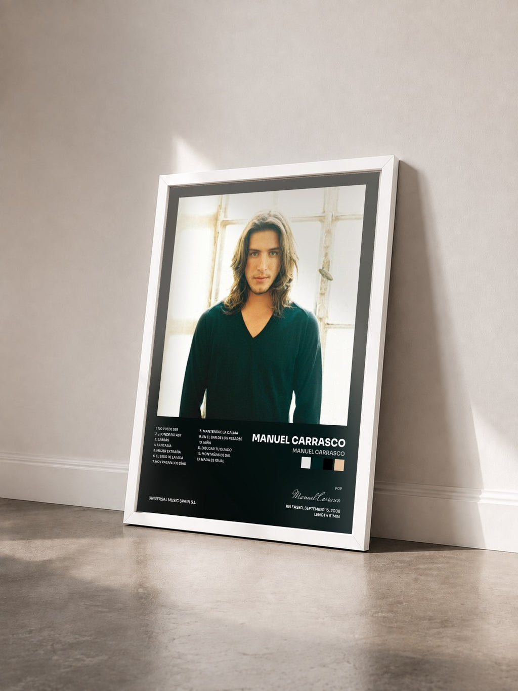 #blanc Tableau de l'album Manuel Carrasco de Manuel Carrasco vu de trois quarts, cadre blanc