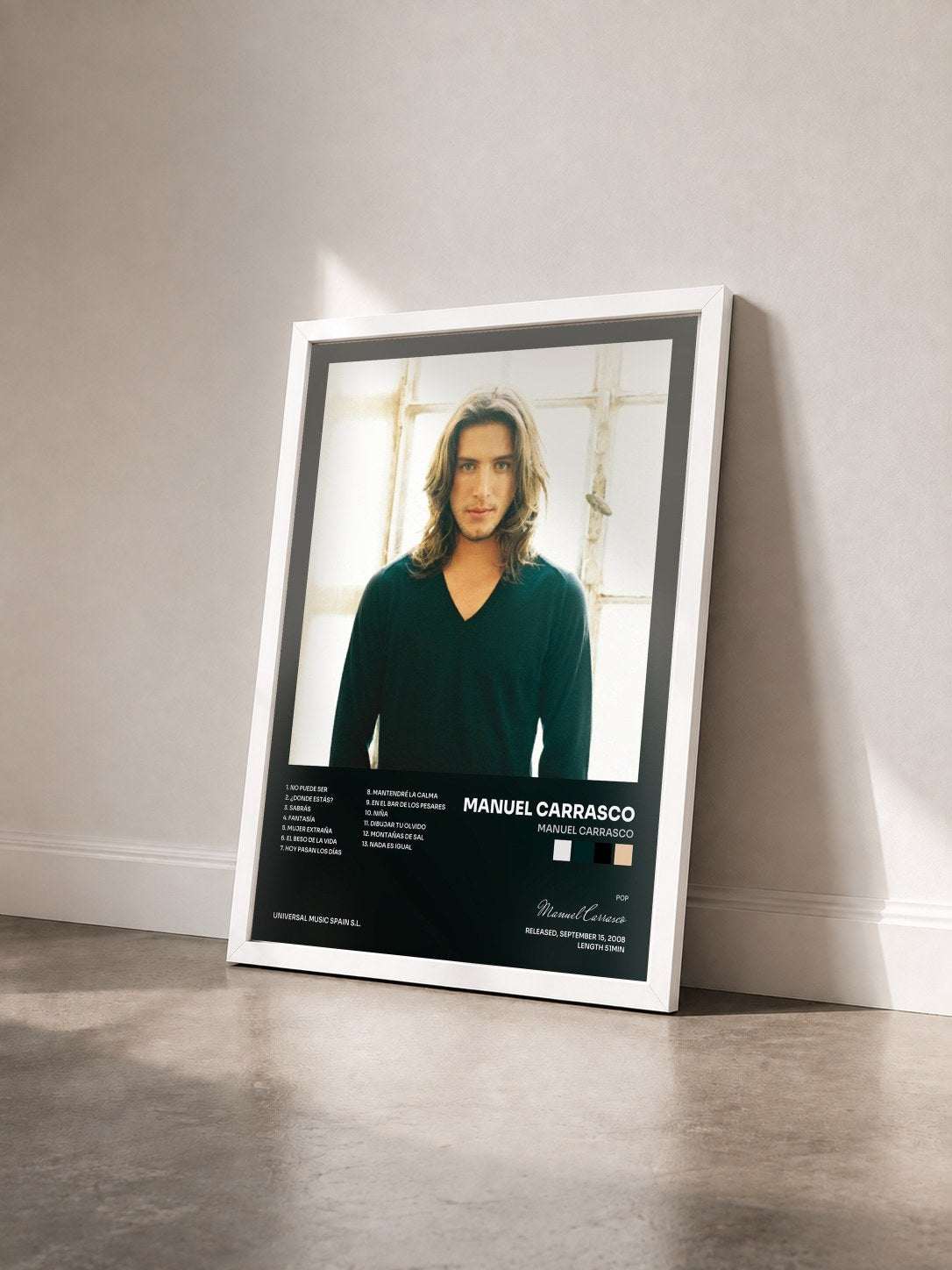 #blanc Tableau de l'album Manuel Carrasco de Manuel Carrasco vu de trois quarts, cadre blanc