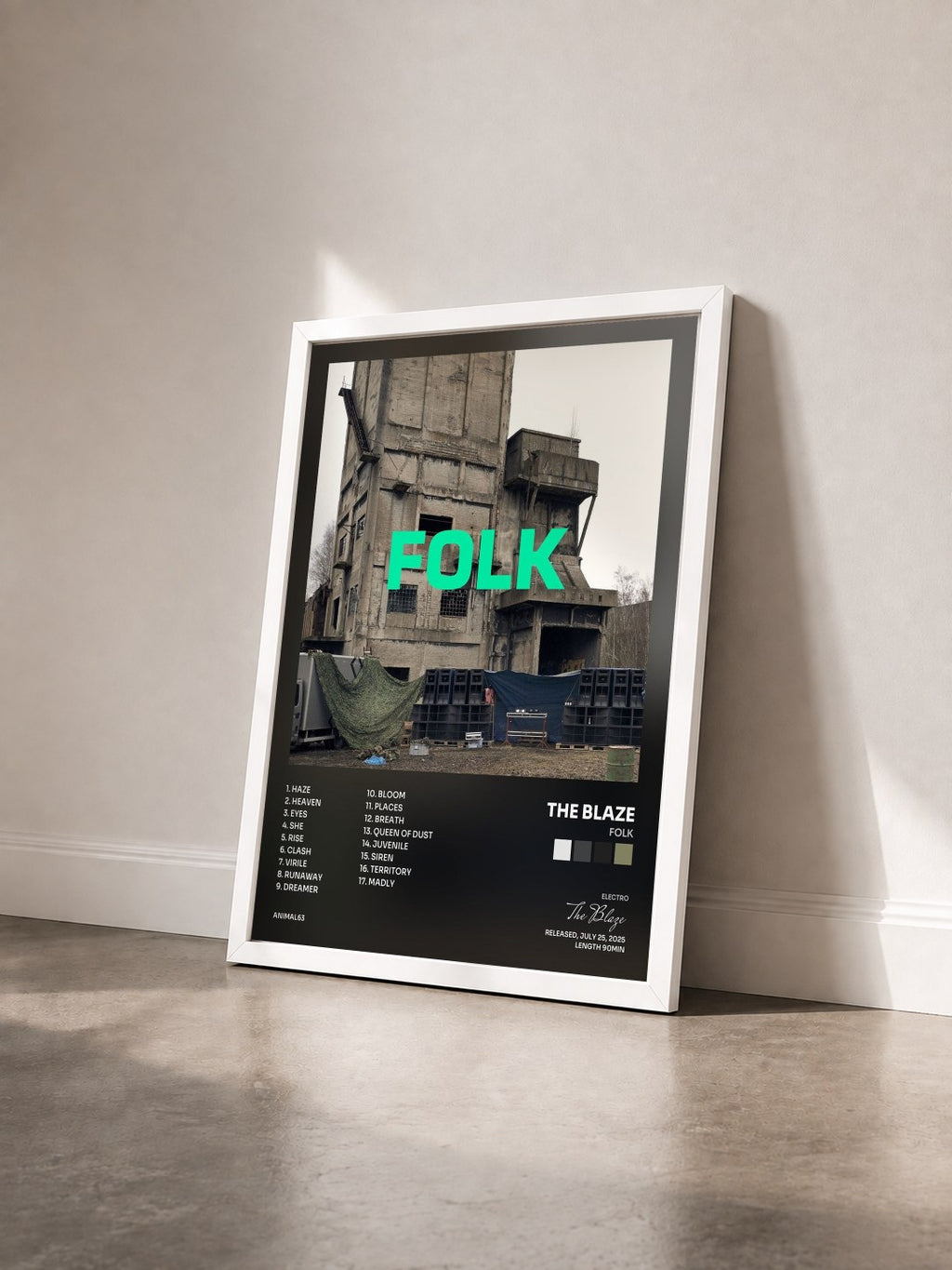 #blanc Tableau de l'album FOLK de The Blaze vu de trois quarts, cadre blanc