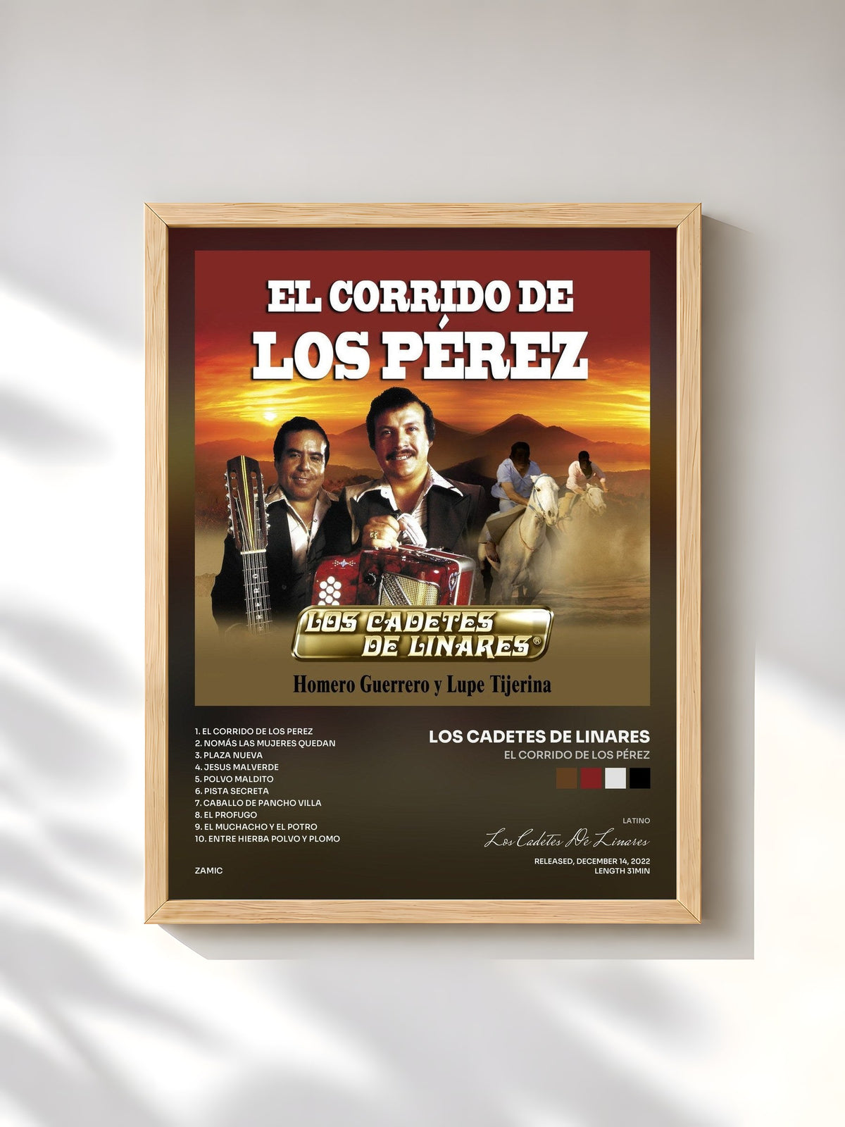 #bois Tableau de l'album El Corrido De Los Pérez de Los Cadetes De Linares, cadre en bois brut, imprimé et encadré en France