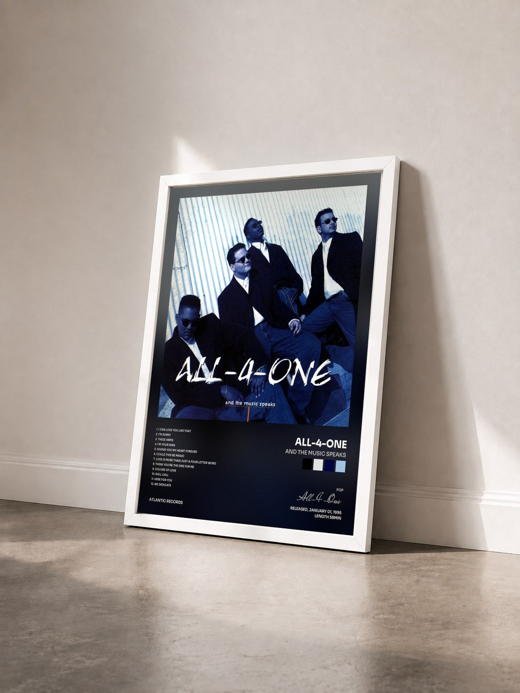 #blanc Tableau de l'album And the Music Speaks de All-4-One vu de trois quarts, cadre blanc