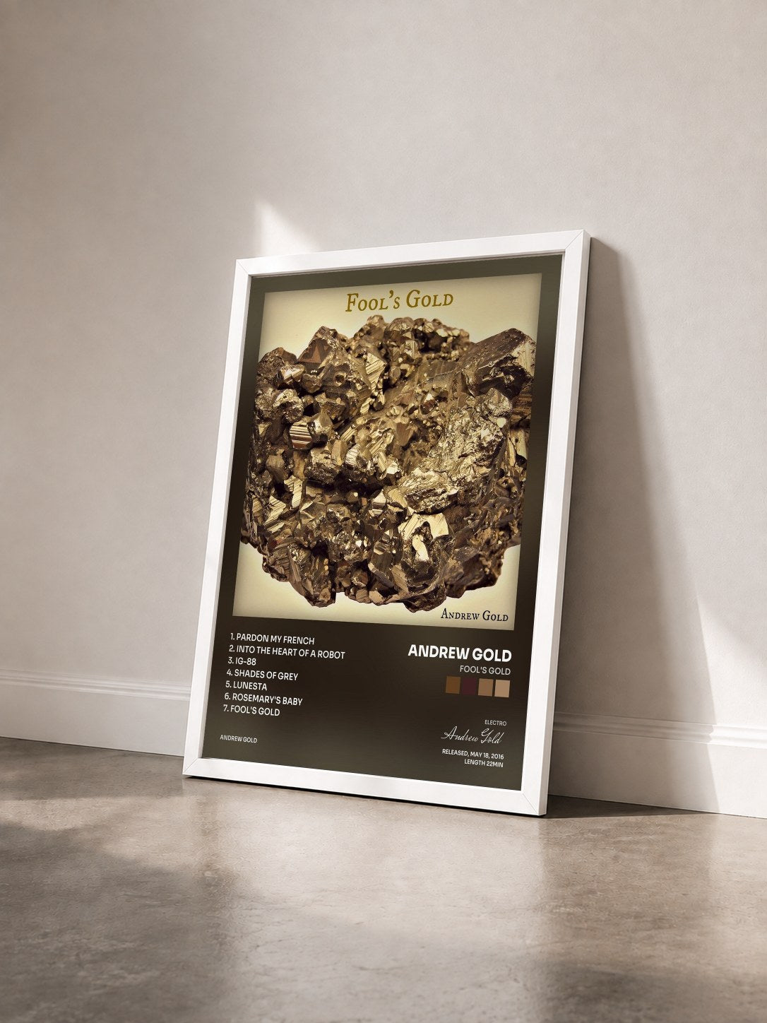 #blanc Tableau de l'album Fool's Gold de Andrew Gold vu de trois quarts, cadre blanc