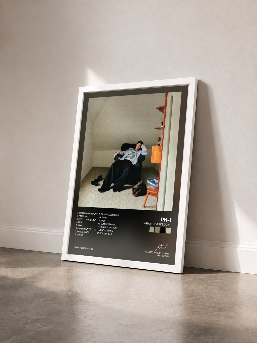 #blanc Tableau de l'album WHAT HAVE WE DONE de pH-1 vu de trois quarts, cadre blanc