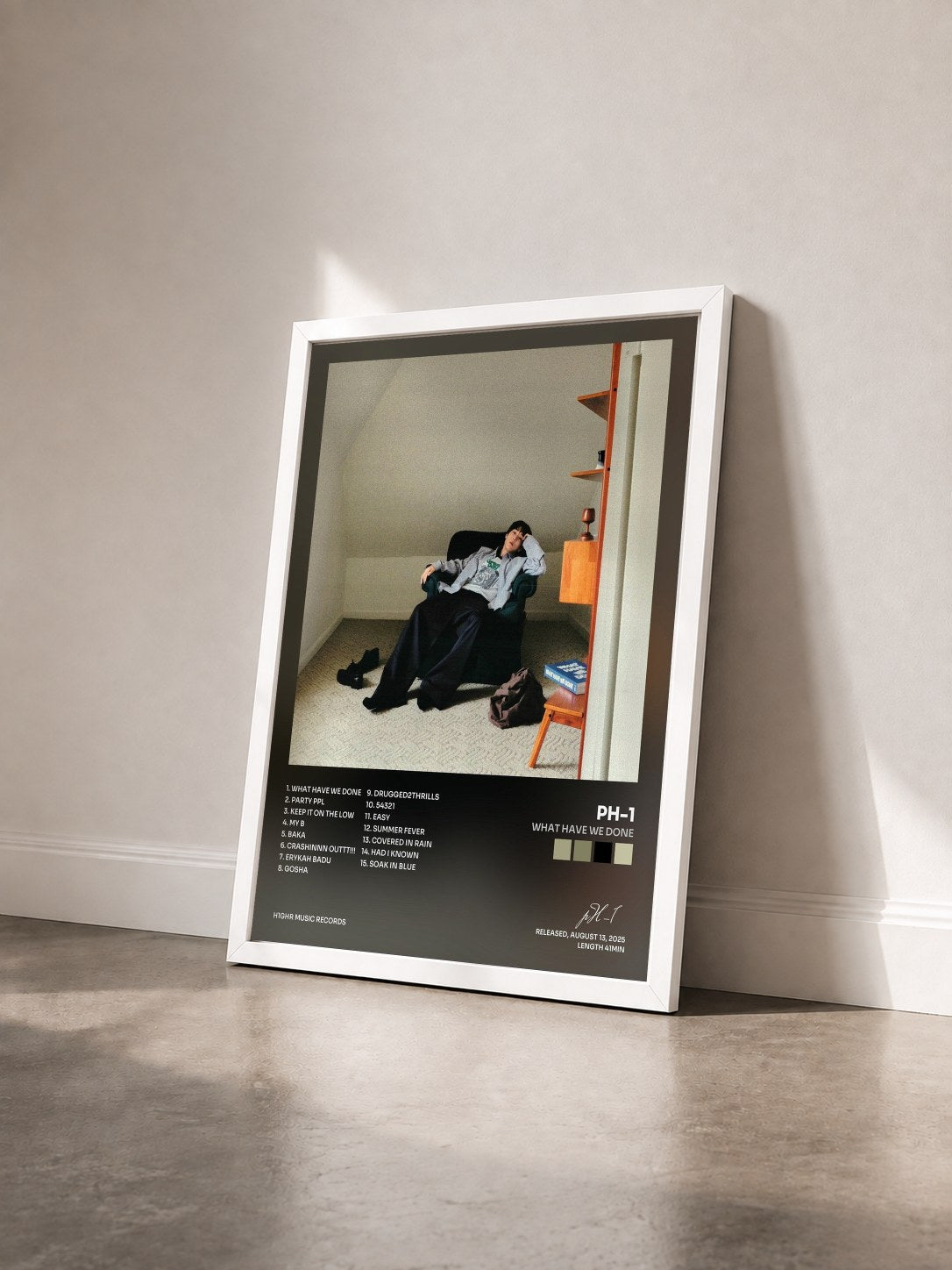 #blanc Tableau de l'album WHAT HAVE WE DONE de pH-1 vu de trois quarts, cadre blanc