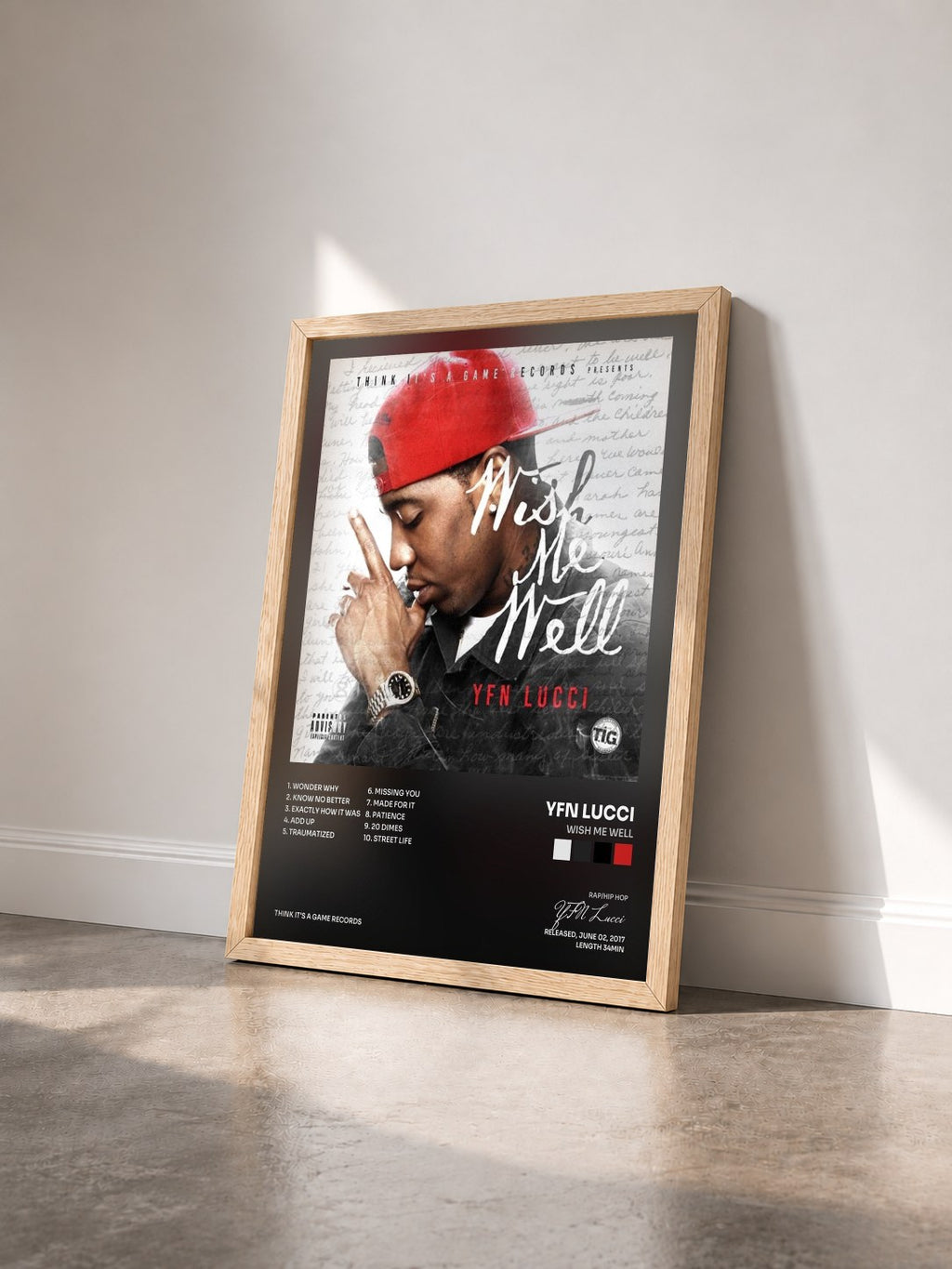 #bois Tableau de l'album Wish Me Well de YFN Lucci vu de trois quarts, cadre en bois brut