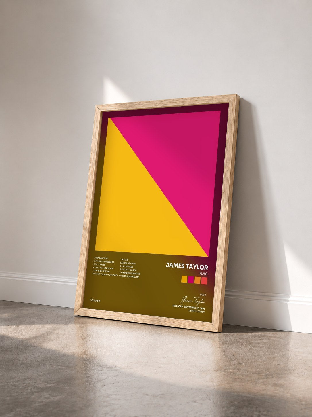 #bois Tableau de l'album Flag de James Taylor vu de trois quarts, cadre en bois brut