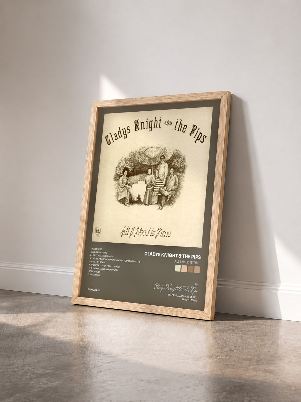 #bois Tableau de l'album All I Need Is Time de Gladys Knight & The Pips vu de trois quarts, cadre en bois brut