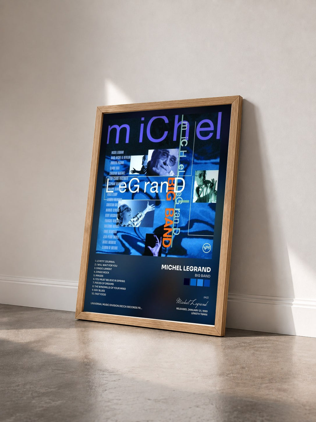 #bois Tableau de l'album Big Band de Michel Legrand vu de trois quarts, cadre en bois brut