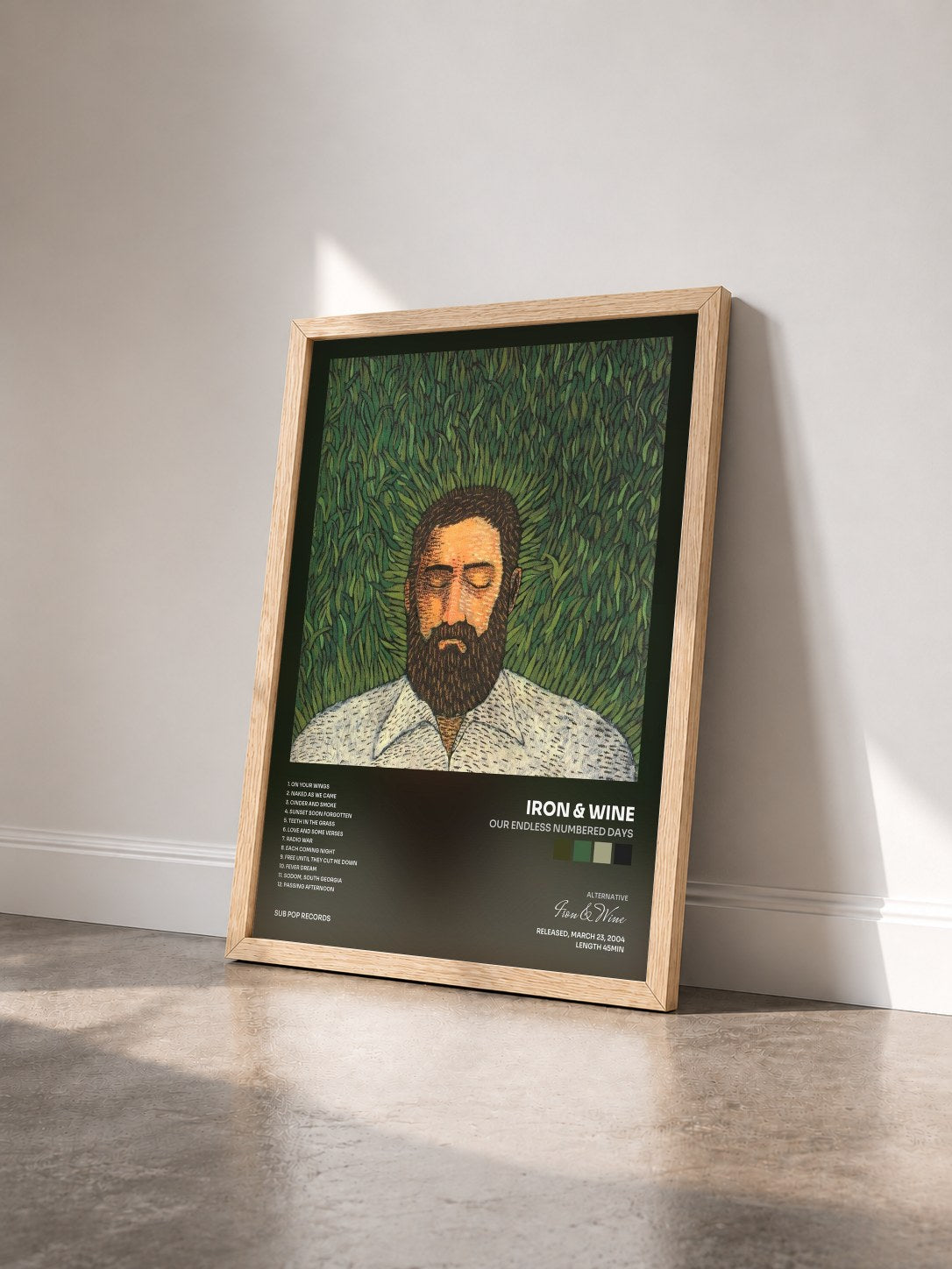 #bois Tableau de l'album Our Endless Numbered Days de Iron & Wine vu de trois quarts, cadre en bois brut