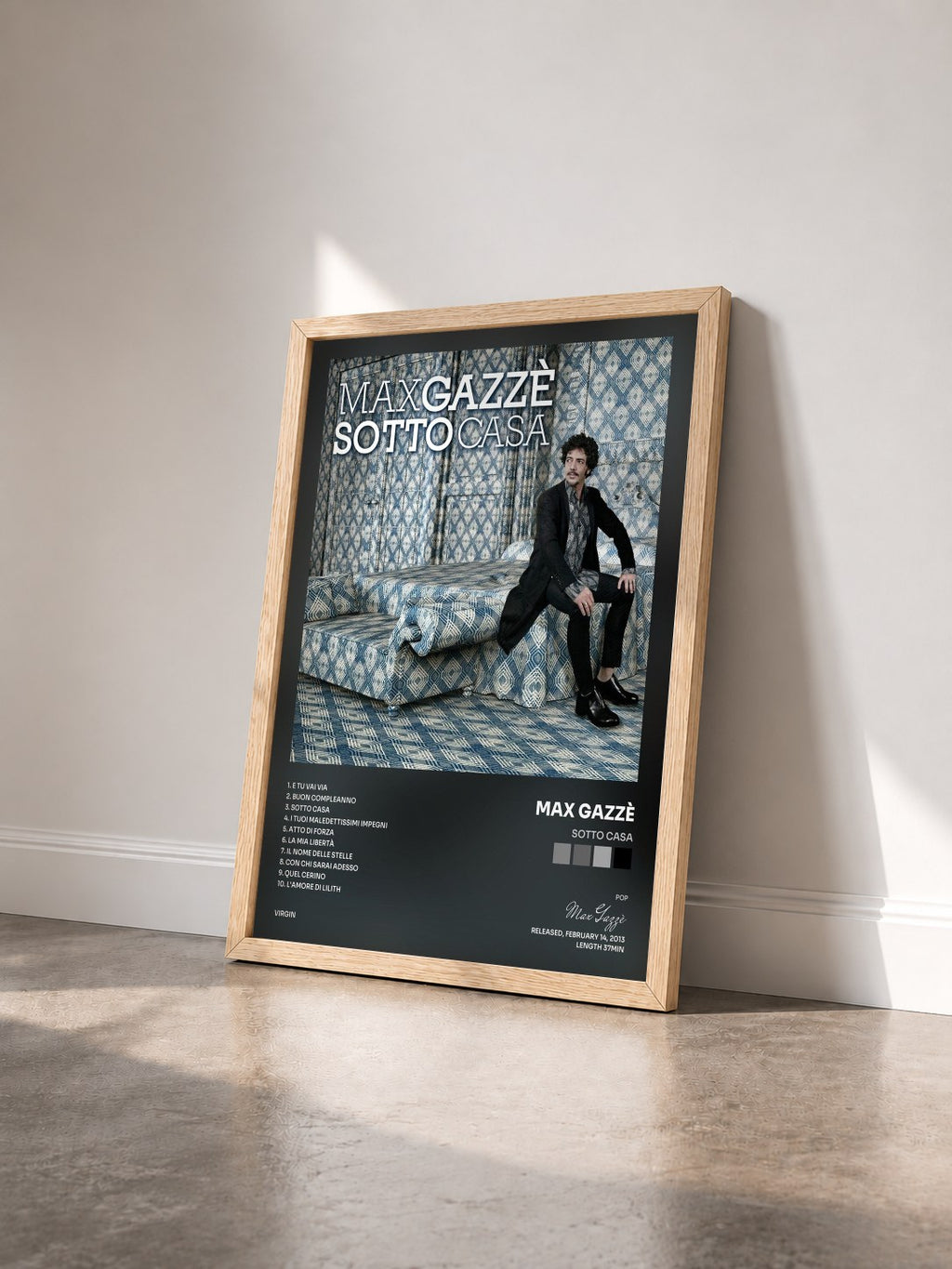 #bois Tableau de l'album Sotto Casa de Max Gazzè vu de trois quarts, cadre en bois brut