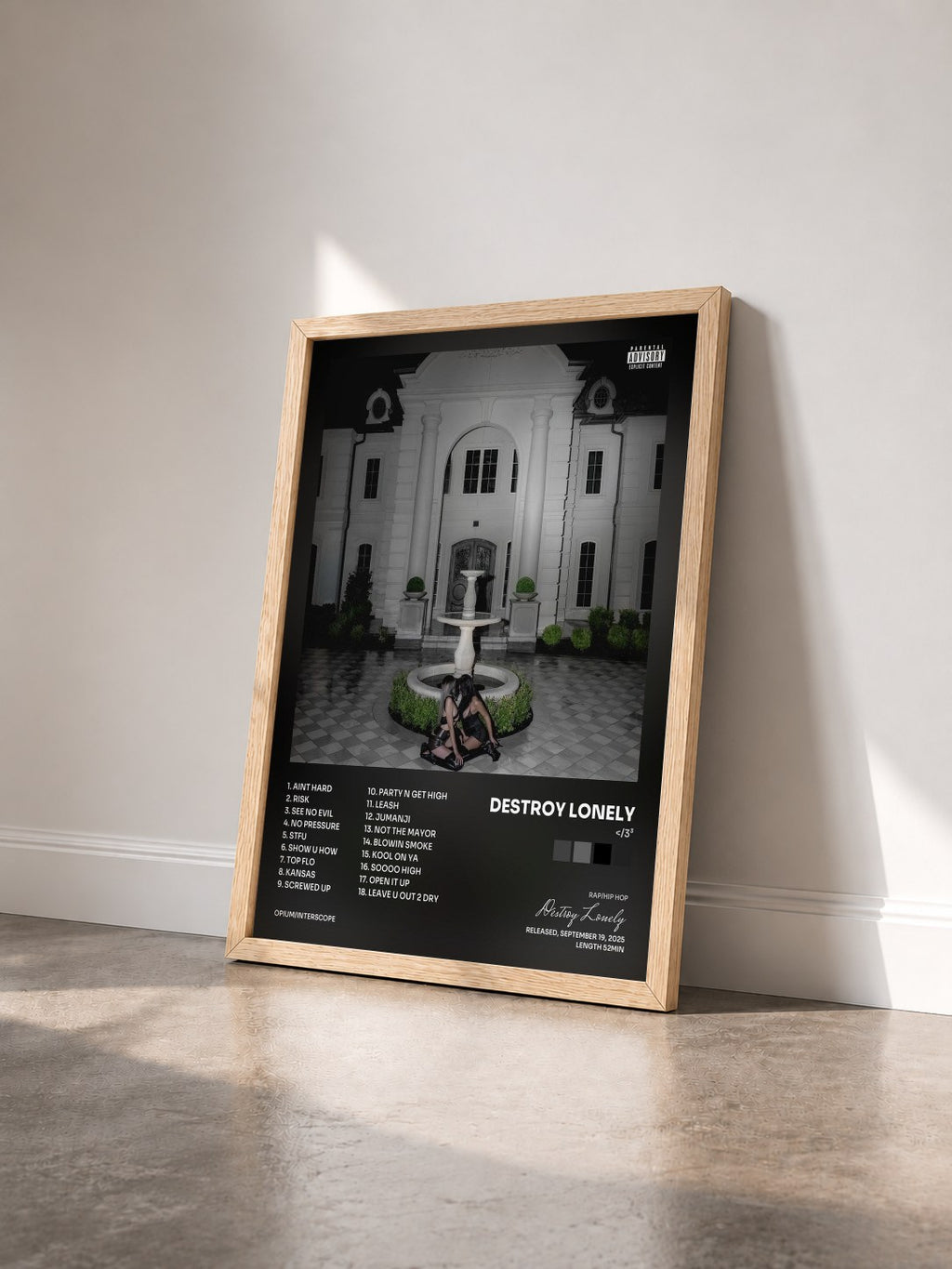#bois Tableau de l'album </3³ de Destroy Lonely vu de trois quarts, cadre en bois brut