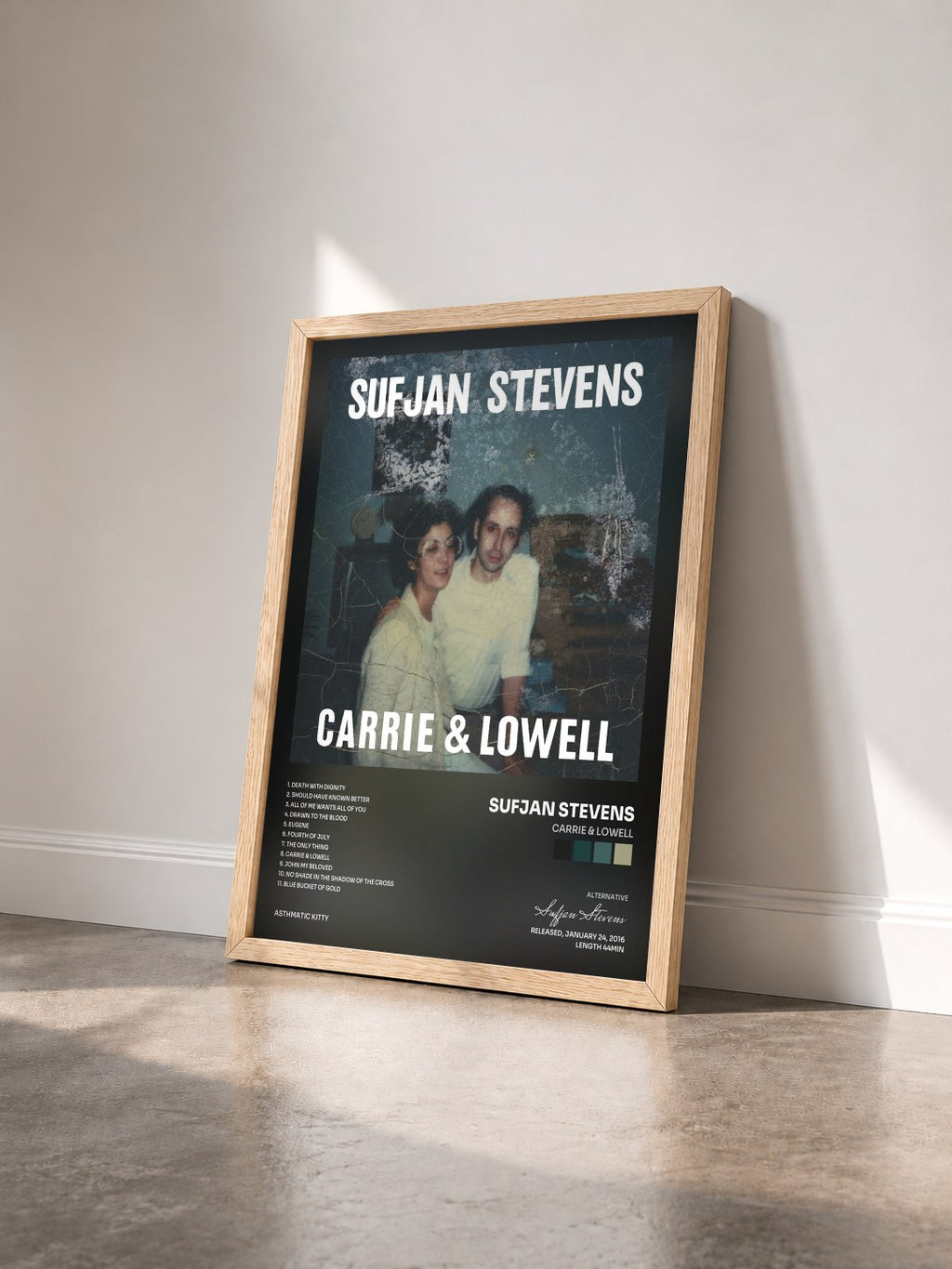 #bois Tableau de l'album Carrie & Lowell de Sufjan Stevens vu de trois quarts, cadre en bois brut
