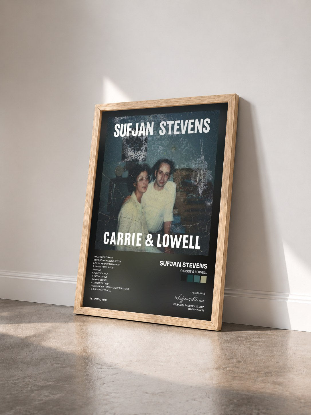 #bois Tableau de l'album Carrie & Lowell de Sufjan Stevens vu de trois quarts, cadre en bois brut