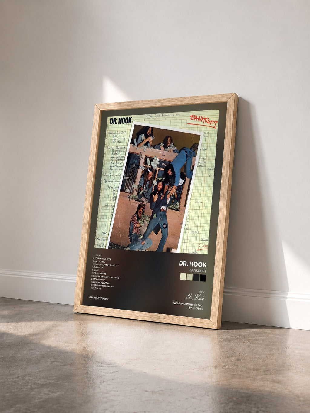 #bois Tableau de l'album Bankrupt de Dr. Hook vu de trois quarts, cadre en bois brut