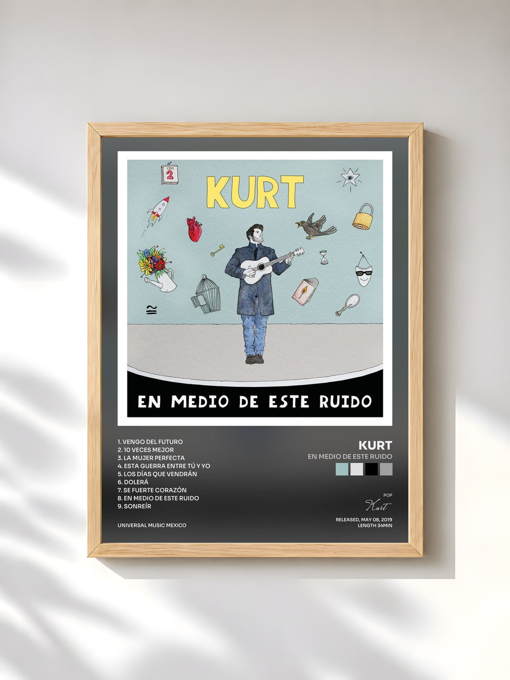 #bois Tableau de l'album En Medio De Este Ruido de Kurt, cadre en bois brut, imprimé et encadré en France