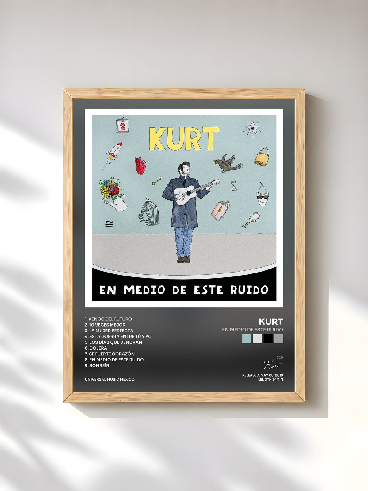 #bois Tableau de l'album En Medio De Este Ruido de Kurt, cadre en bois brut, imprimé et encadré en France