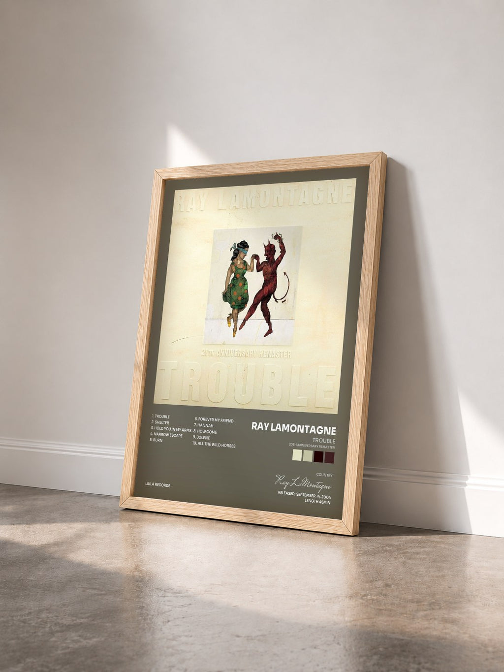 #bois Tableau de l'album Trouble (20th Anniversary Remaster) de Ray LaMontagne vu de trois quarts, cadre en bois brut