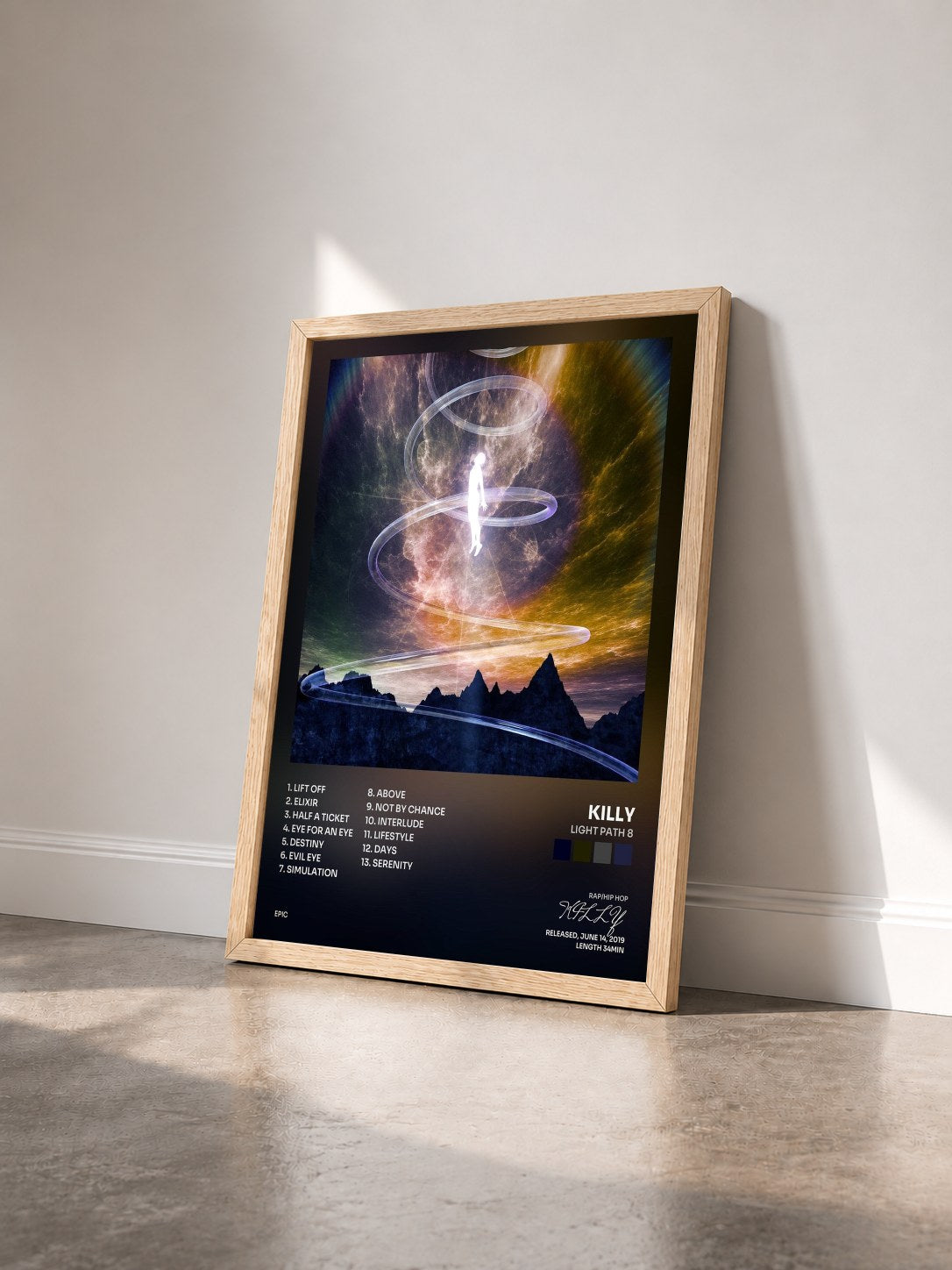 #bois Tableau de l'album Light Path 8 de KILLY vu de trois quarts, cadre en bois brut