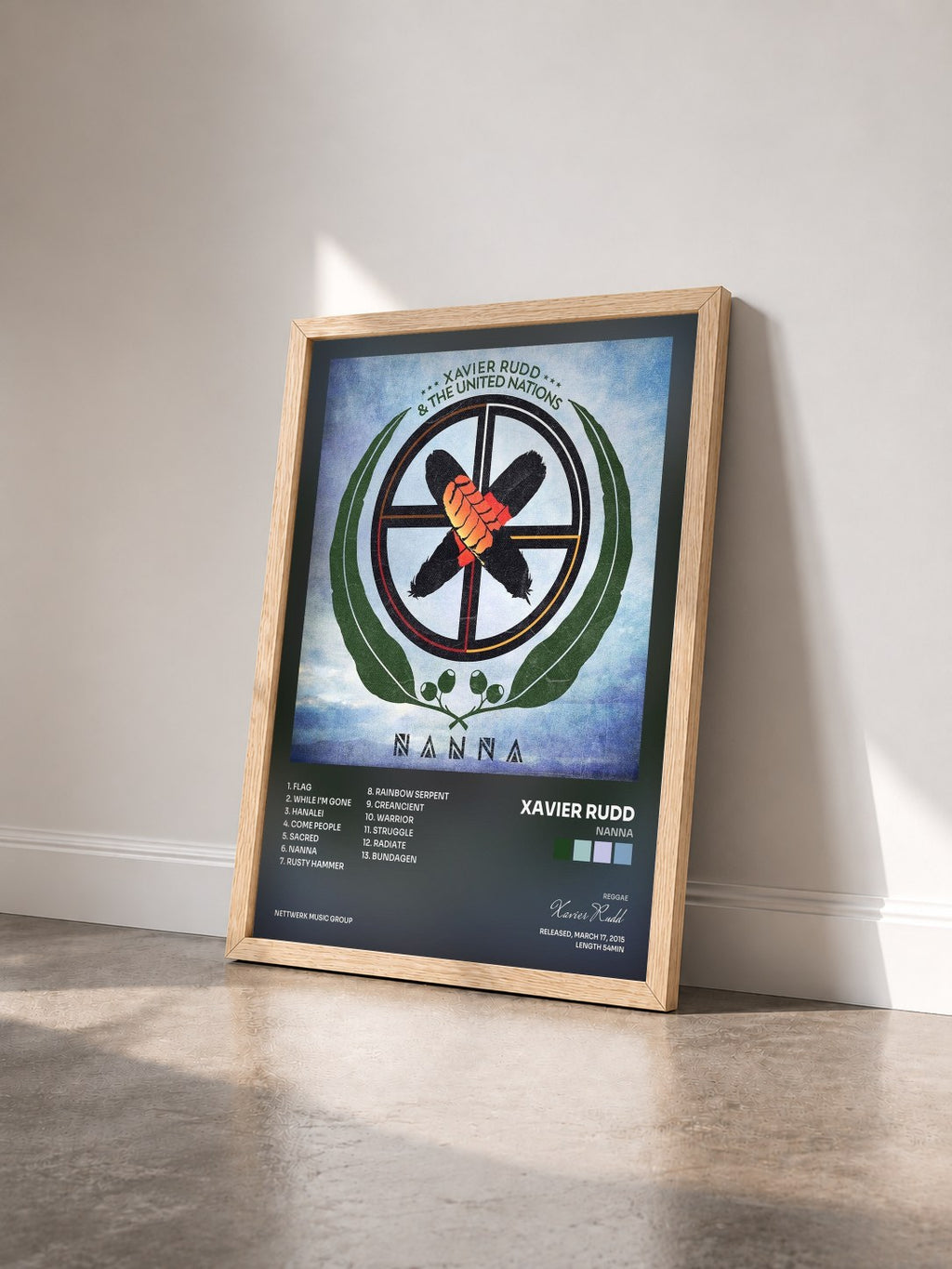 #bois Tableau de l'album Nanna de Xavier Rudd vu de trois quarts, cadre en bois brut