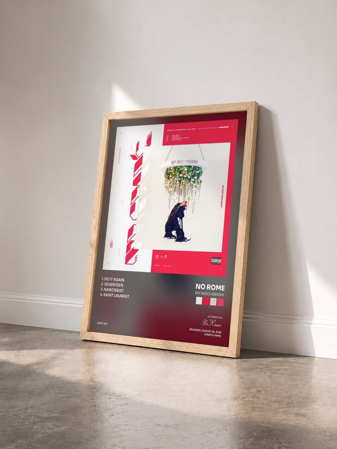 #bois Tableau de l'album RIP Indo Hisashi de No Rome vu de trois quarts, cadre en bois brut