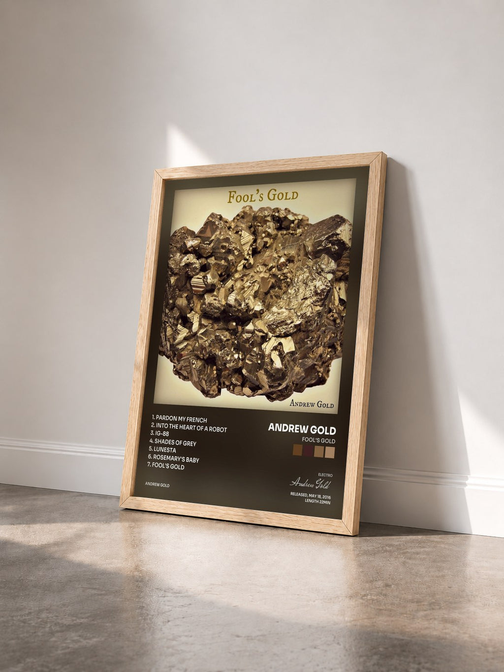 #bois Tableau de l'album Fool's Gold de Andrew Gold vu de trois quarts, cadre en bois brut