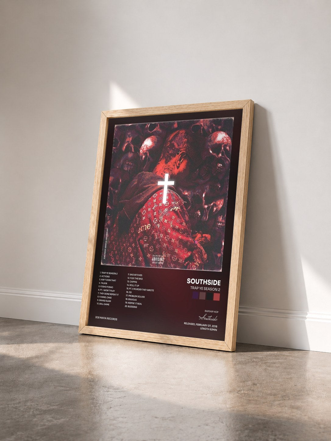 #bois Tableau de l'album Trap Ye Season 2 de Southside vu de trois quarts, cadre en bois brut