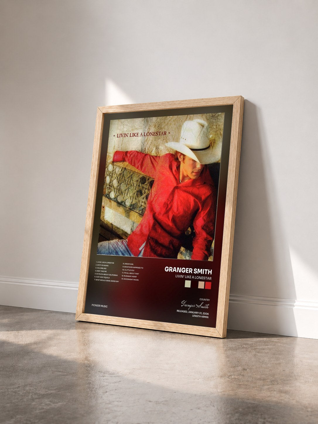 #bois Tableau de l'album Livin' Like a Lonestar de Granger Smith vu de trois quarts, cadre en bois brut