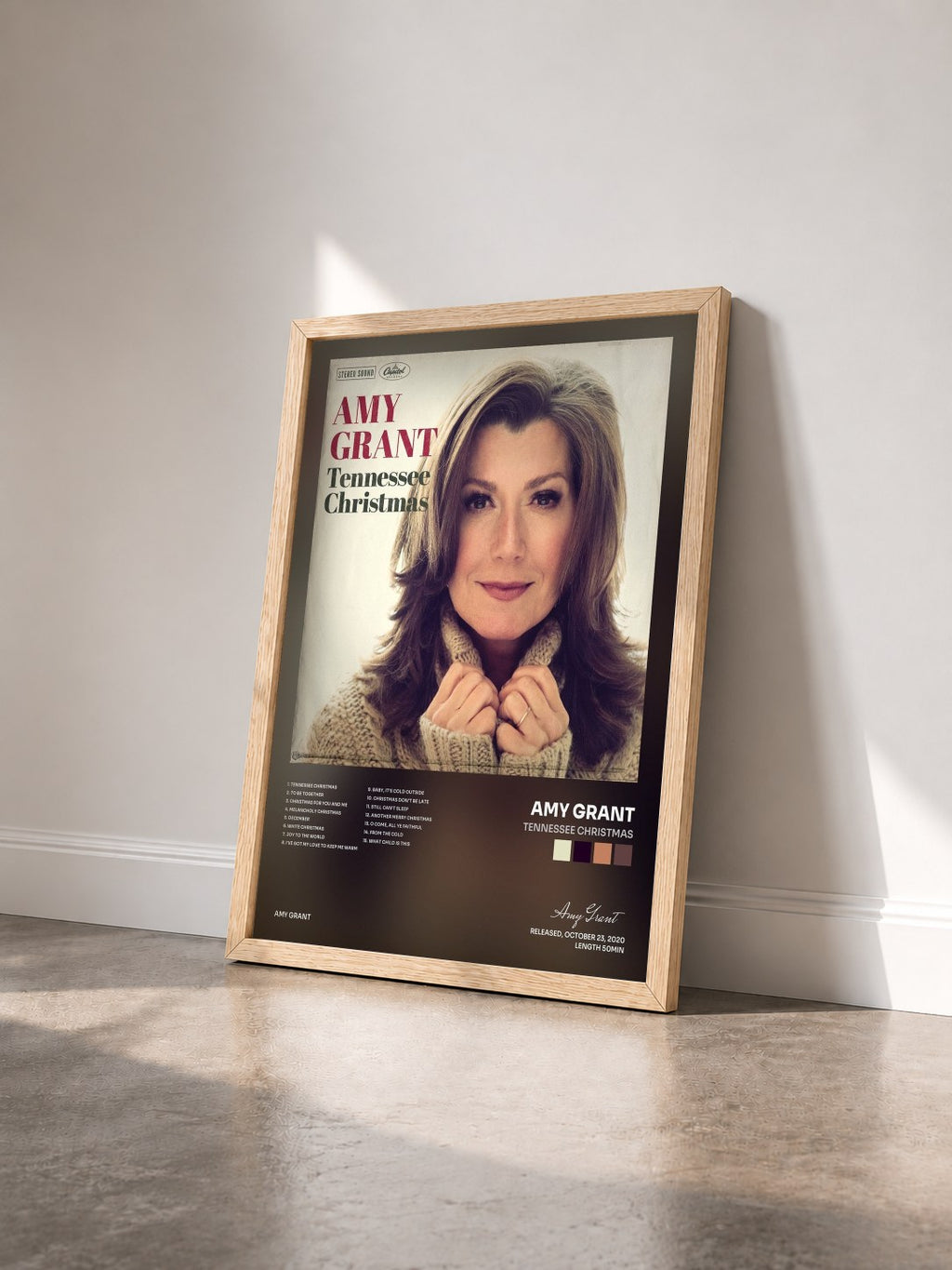#bois Tableau de l'album Tennessee Christmas de Amy Grant vu de trois quarts, cadre en bois brut