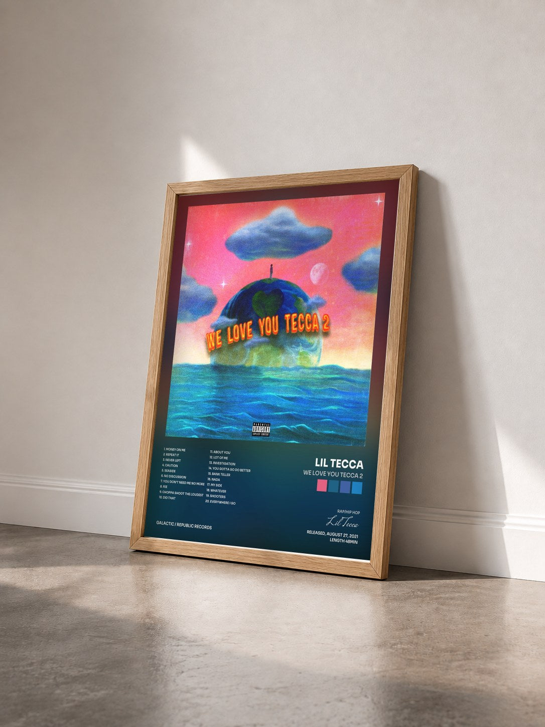 #bois Tableau de l'album We Love You Tecca 2 de Lil Tecca vu de trois quarts, cadre en bois brut