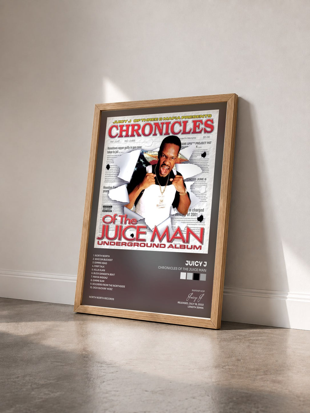 #bois Tableau de l'album Chronicles of the Juice Man de Juicy J vu de trois quarts, cadre en bois brut