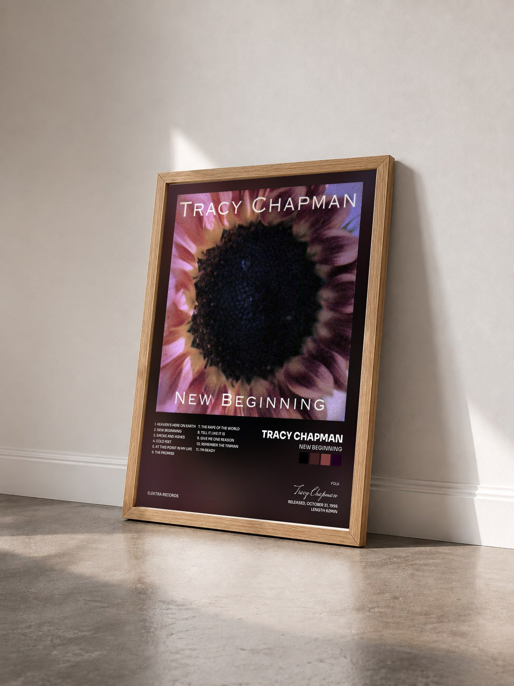 #bois Tableau de l'album New Beginning de Tracy Chapman vu de trois quarts, cadre en bois brut