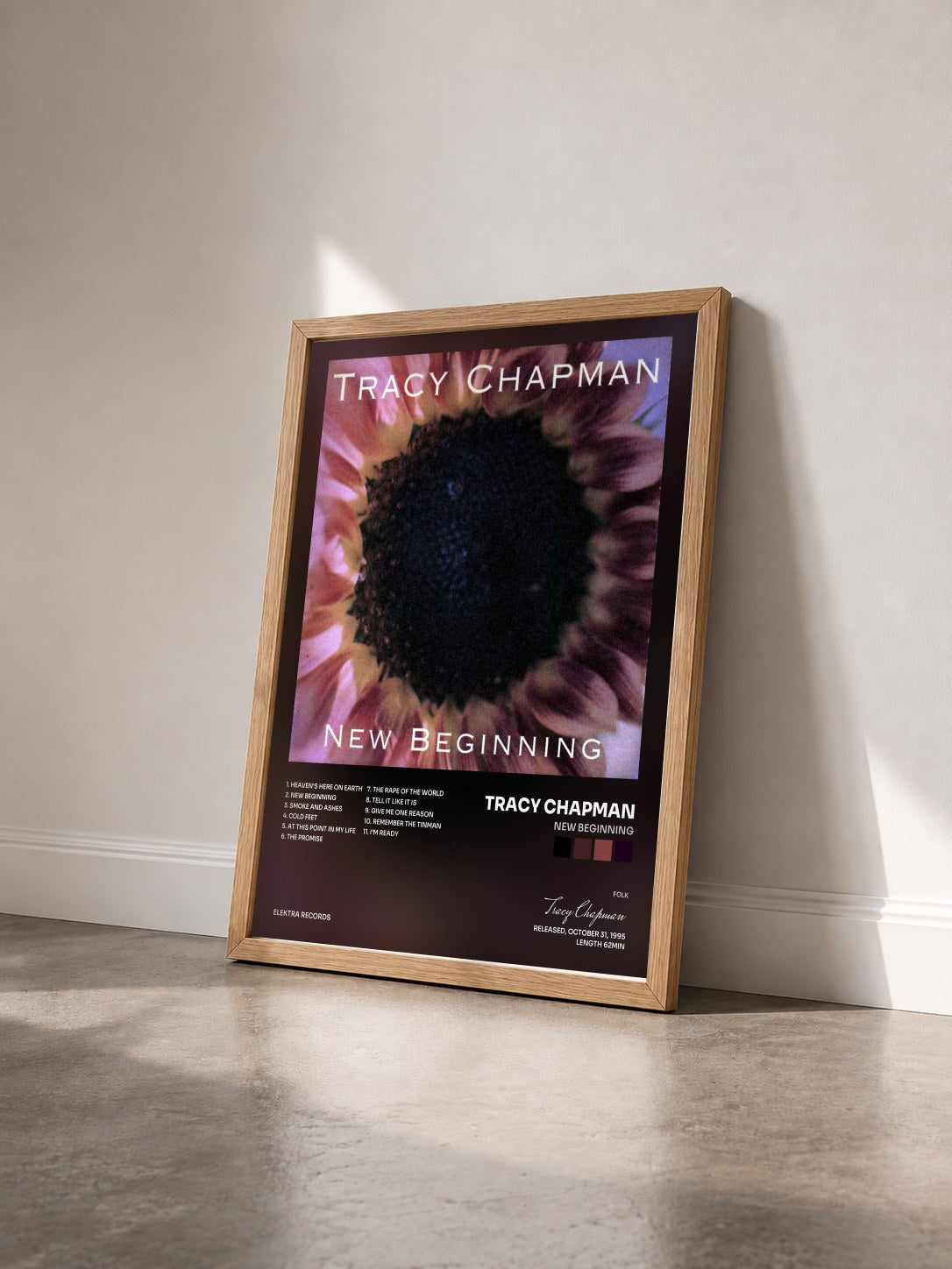 #bois Tableau de l'album New Beginning de Tracy Chapman vu de trois quarts, cadre en bois brut