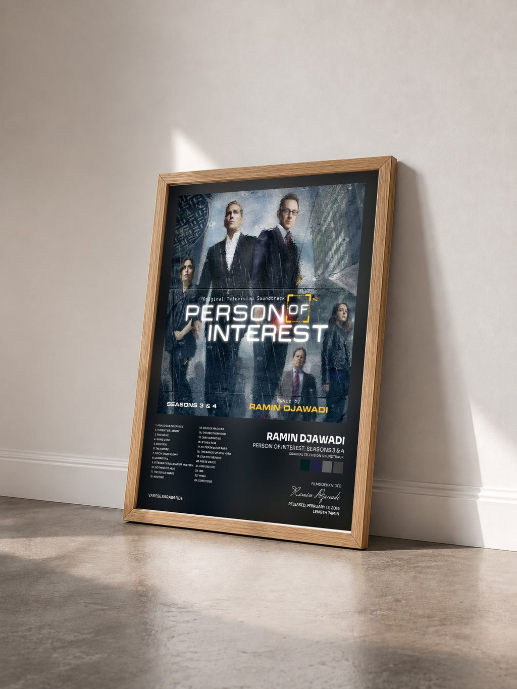 #bois Tableau de l'album Person Of Interest: Seasons 3 & 4 (Original Television Soundtrack) de Ramin Djawadi vu de trois quarts, cadre en bois brut
