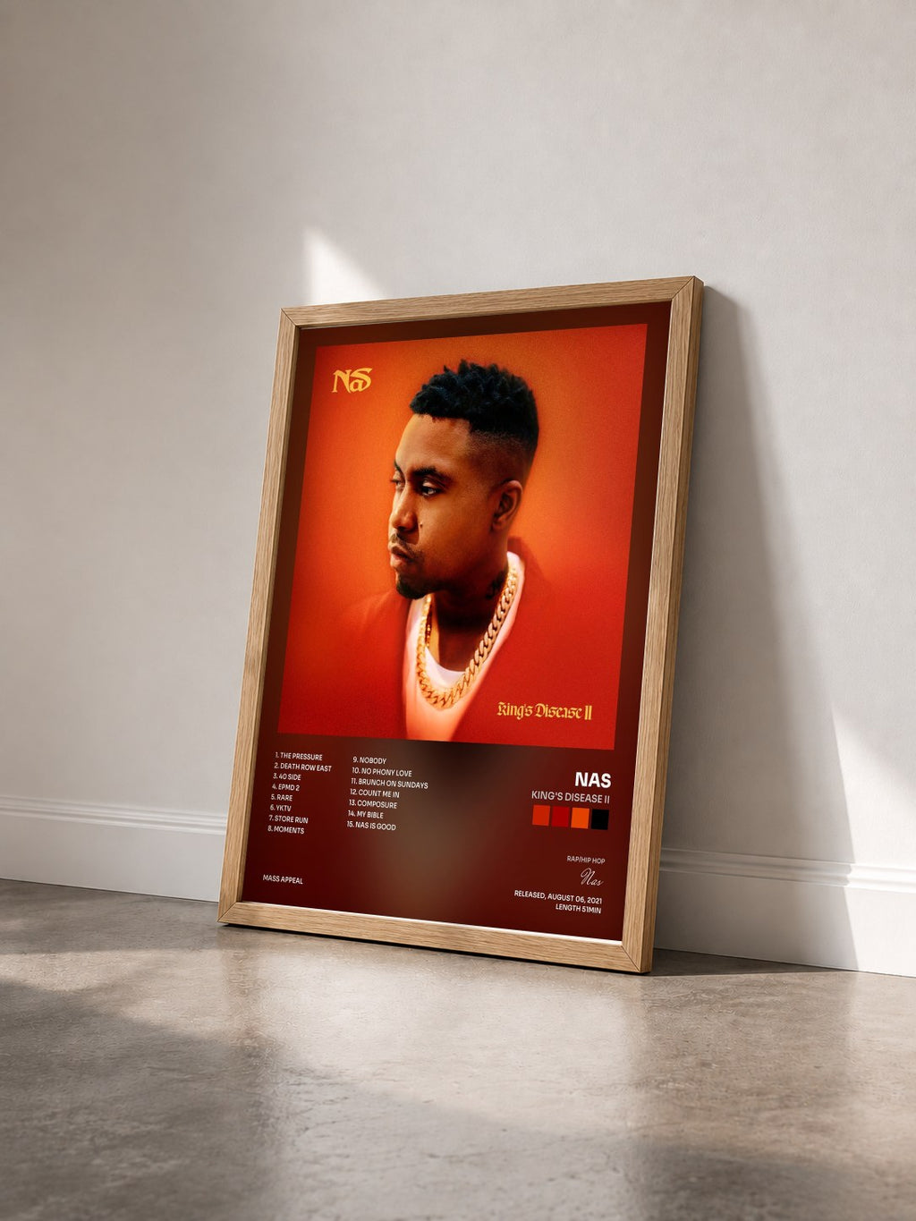#bois Tableau de l'album King's Disease II de Nas vu de trois quarts, cadre en bois brut