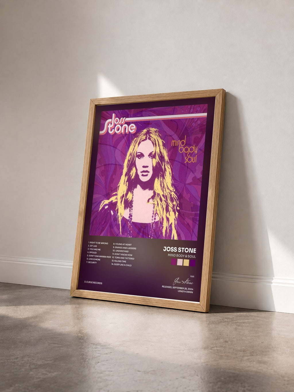 #bois Tableau de l'album Mind Body & Soul de Joss Stone vu de trois quarts, cadre en bois brut