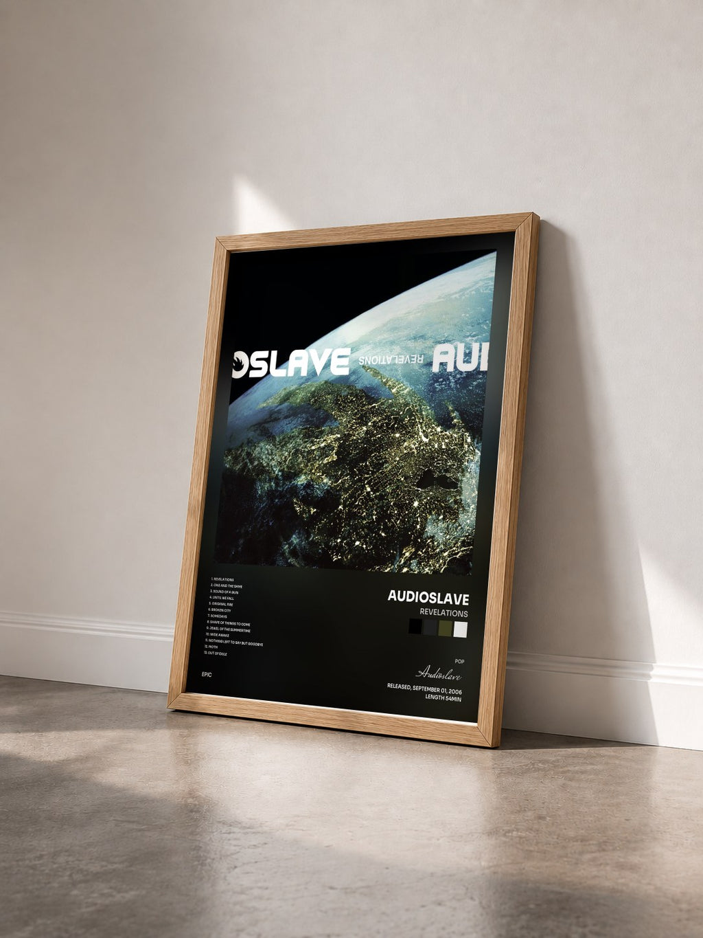 #bois Tableau de l'album Revelations de Audioslave vu de trois quarts, cadre en bois brut