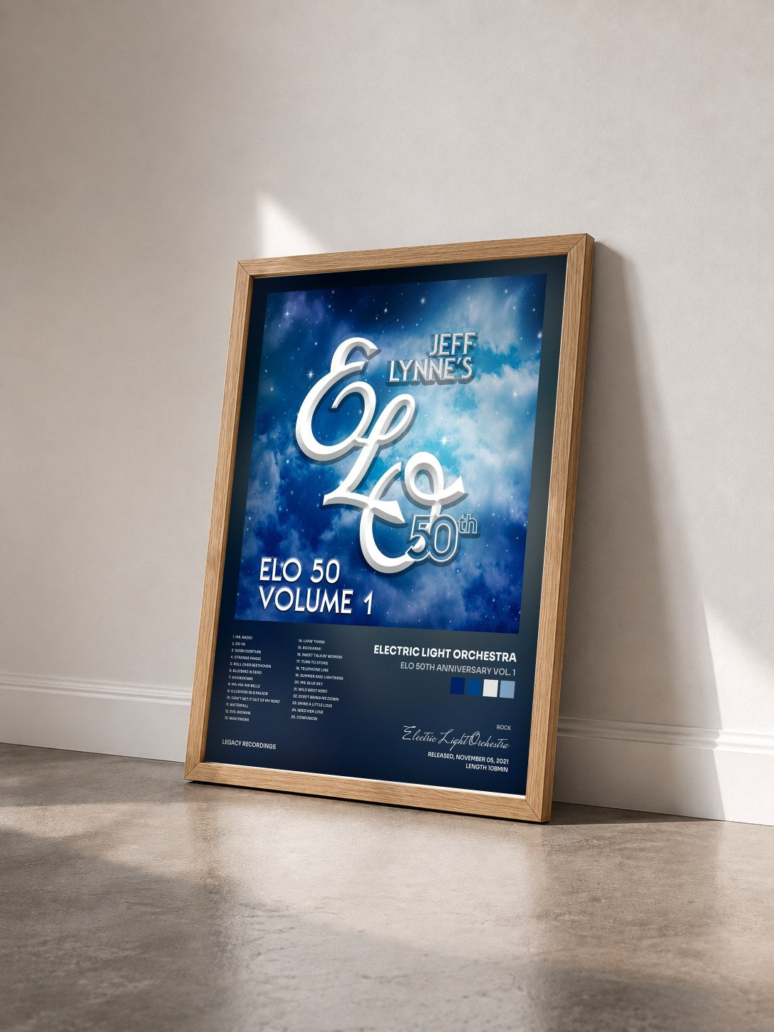 #bois Tableau de l'album ELO 50th Anniversary Vol. 1 de Electric Light Orchestra vu de trois quarts, cadre en bois brut