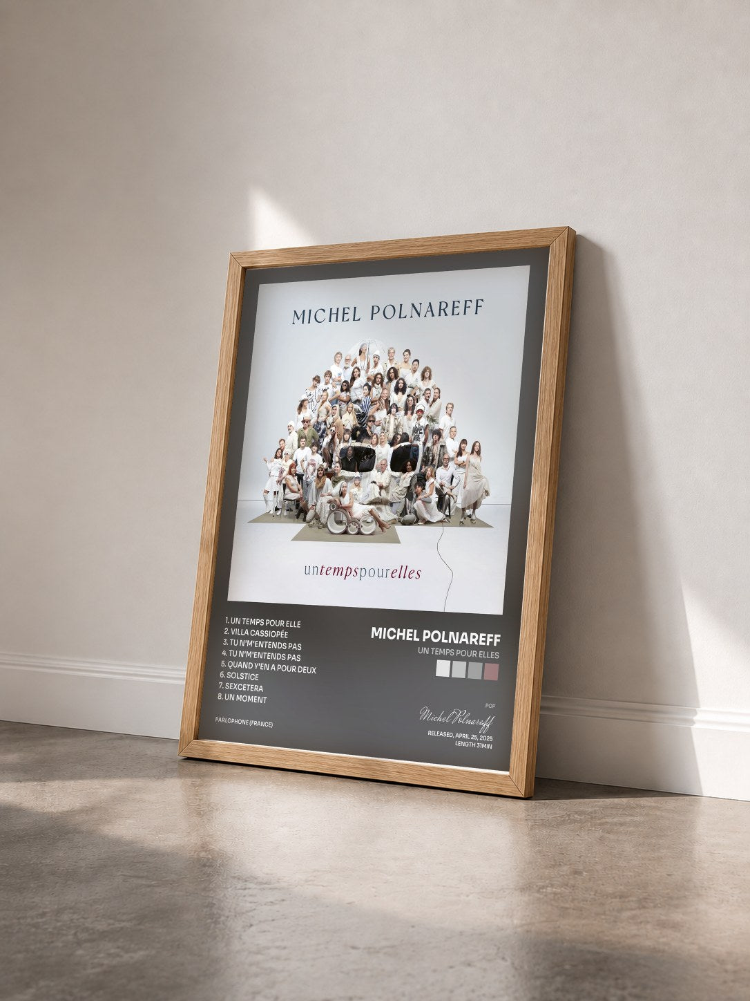 #bois Tableau de l'album Un temps pour elles de Michel Polnareff vu de trois quarts, cadre en bois brut