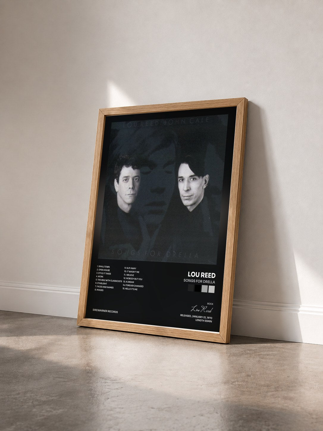 #bois Tableau de l'album Songs For Drella de Lou Reed vu de trois quarts, cadre en bois brut