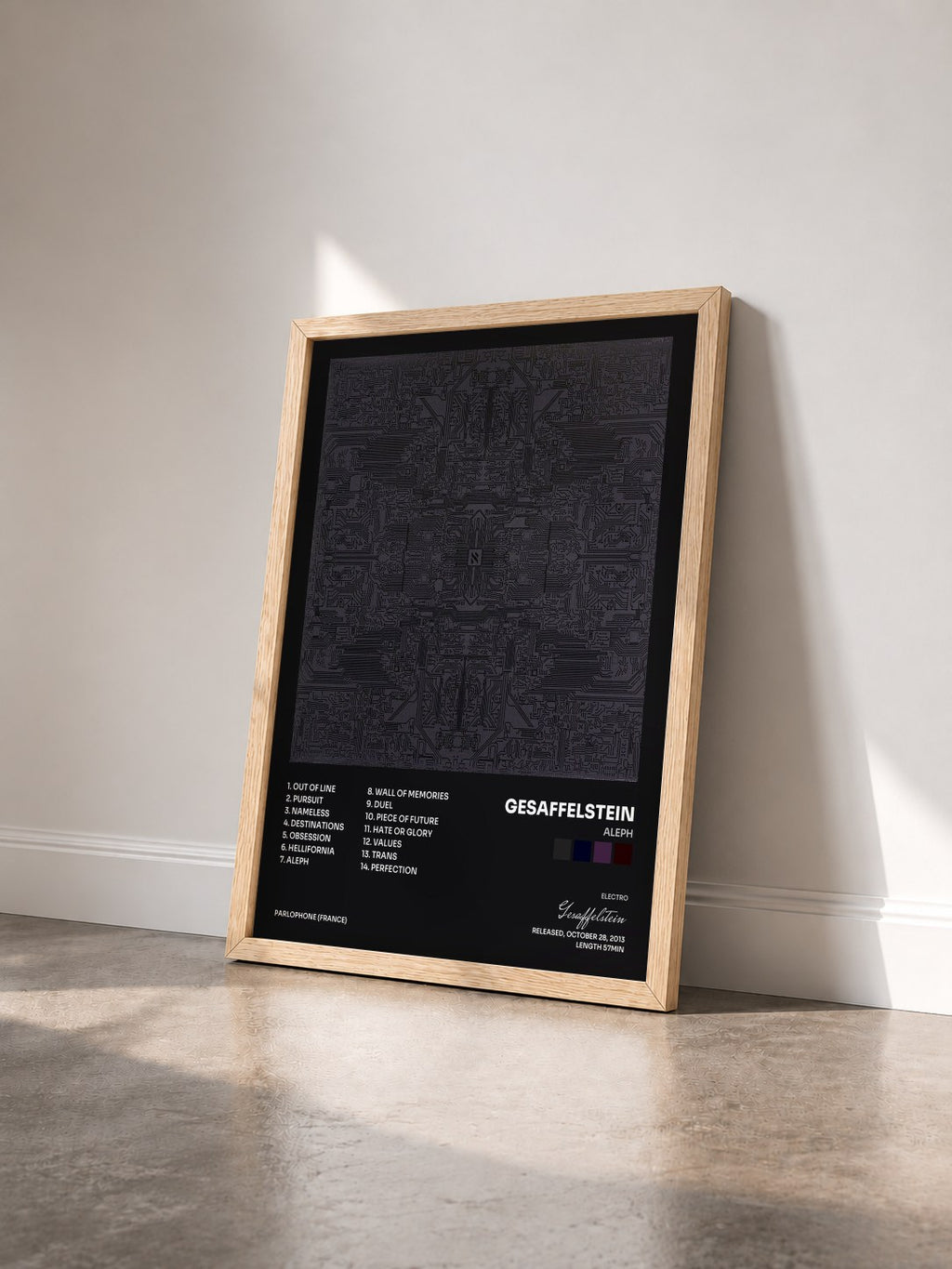 #bois Tableau de l'album Aleph de Gesaffelstein vu de trois quarts, cadre en bois brut