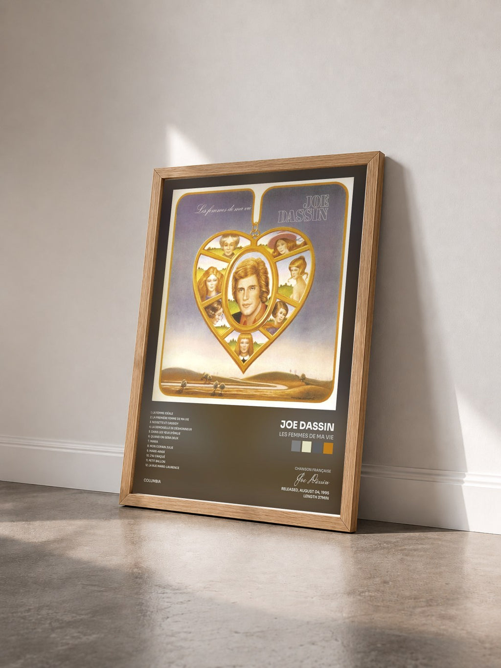 #bois Tableau de l'album Les Femmes De Ma Vie de Joe Dassin vu de trois quarts, cadre en bois brut